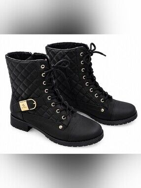 G by Guess Black Quilted Lace-Up Combat Boots with Gold Buckle Size 8